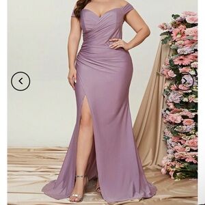 FAERIESTY Off Shoulder Ruched Wrap Hem Slit Gown Plus Size 3XL Mauve Lavender